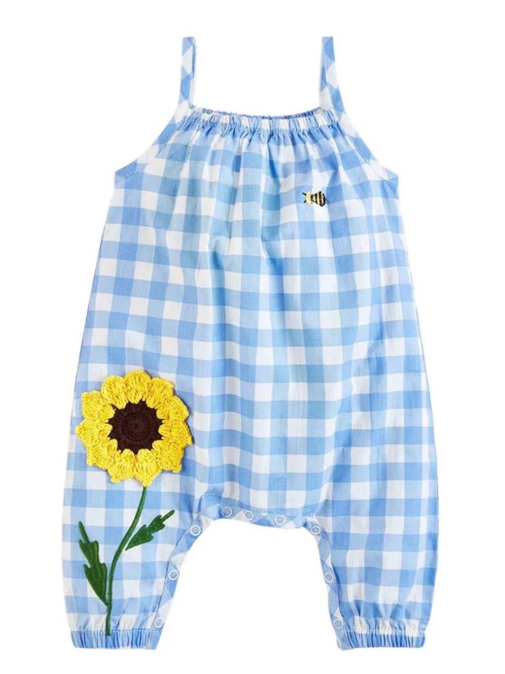 NWT Mud Pie Blue & White Gingham Sunflower Romper